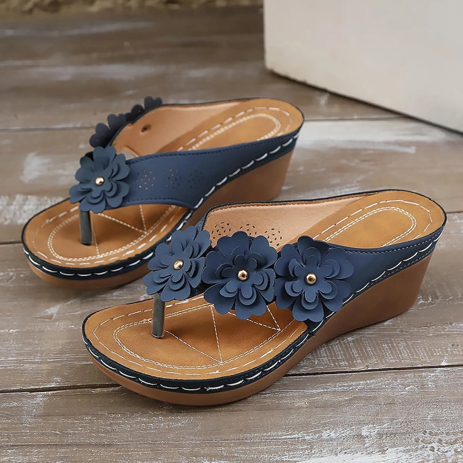 Wedge Sandals for Women 2025 Arch Support Orthopedic Flip Flops, Summer Flowers Clip Toe Platform Sandals Comfortable Slip On Walking Shoes Beach Casual Vacation