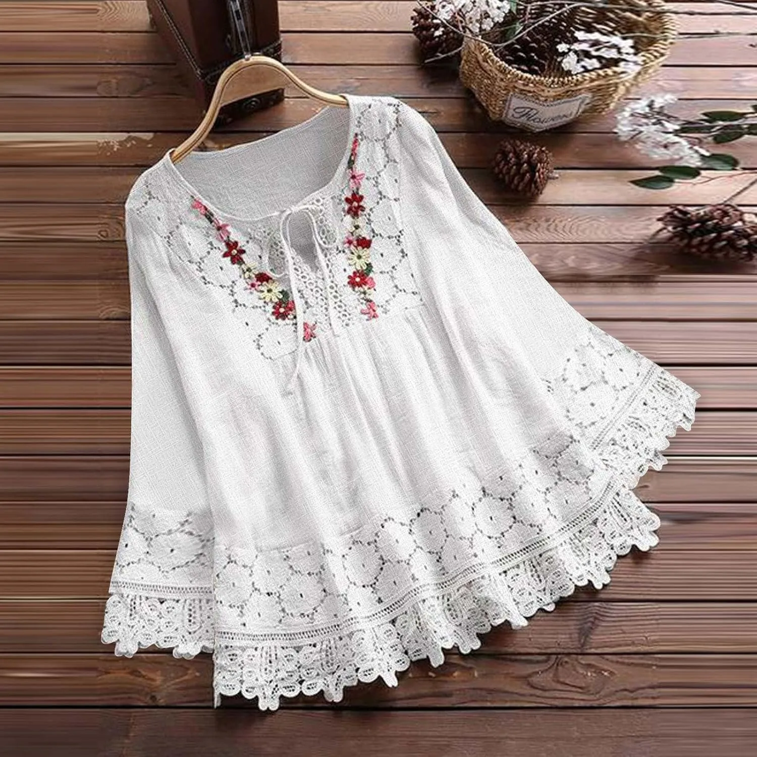 Women 2024 Embroidered Boho Tops Cotton Linen Peasant Blouses Long Sleeve Tunic Shirts Loose Fit Boho Trendy Clothes
