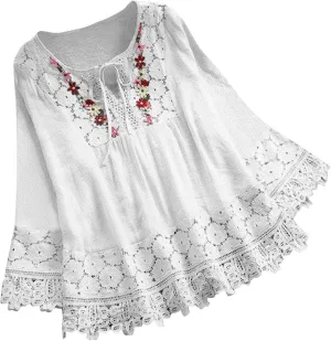 Women 2024 Embroidered Boho Tops Cotton Linen Peasant Blouses Long Sleeve Tunic Shirts Loose Fit Boho Trendy Clothes