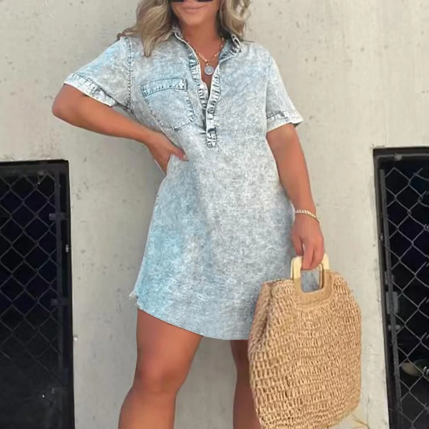 Women Casual Print Dress Short Sleeve Turtleneck Pocket Dress Sports Mini Dress Loose Dress Summer Midi Dresses