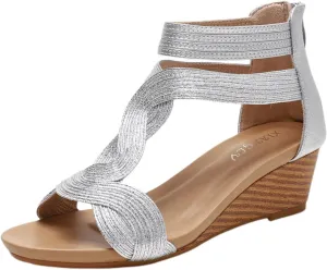 Women Gladiator Sandals Retro Wedge Heel Fashion Trendy Sparkly Rhinestone Open Toe Casual Dressy Sandals Elegant Evening Wedding Prom Shoes 2025