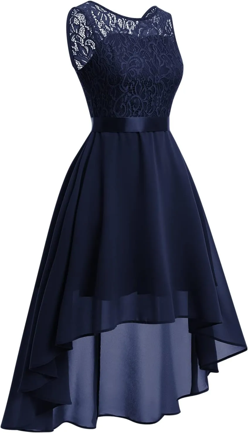 Women Halter Neck High Low Cocktail Skater Dress Vintage Floral Lace Chiffon Bridesmaid Dress Hi Lo Wedding Swing Party Dress