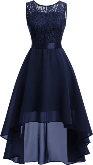 Women Halter Neck High Low Cocktail Skater Dress Vintage Floral Lace Chiffon Bridesmaid Dress Hi Lo Wedding Swing Party Dress