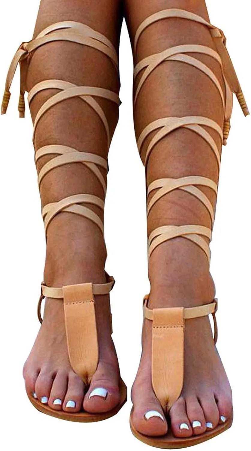 Women Lace Up Strappy Thong Sandals Summer Trendy Beach Flat Sandal Clip Toe Comfort Shoes Flip Flops 2025 New