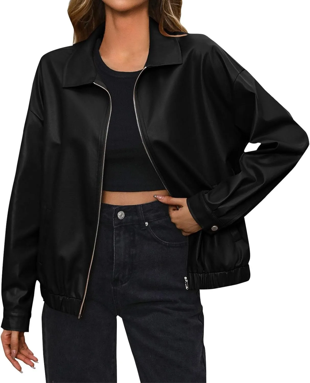 Women Leather Jacket Casual Zip Up Trendy Bomber Motorcycle Jacket Pu Moto Biker Coat Leather Shacket Outwear 2024