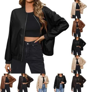 Women Leather Jacket Casual Zip Up Trendy Bomber Motorcycle Jacket Pu Moto Biker Coat Leather Shacket Outwear 2024