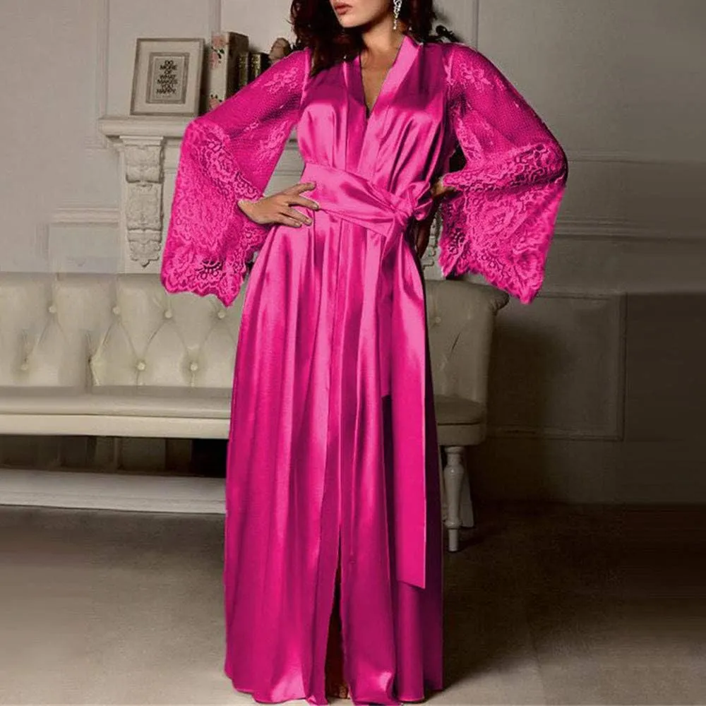 Women Sexy Silk Satin Long Robe Nightdress Lace Long Sleeve Dressing Gown Ladies Bridesmaid Robe Nightgown Sleepwear
