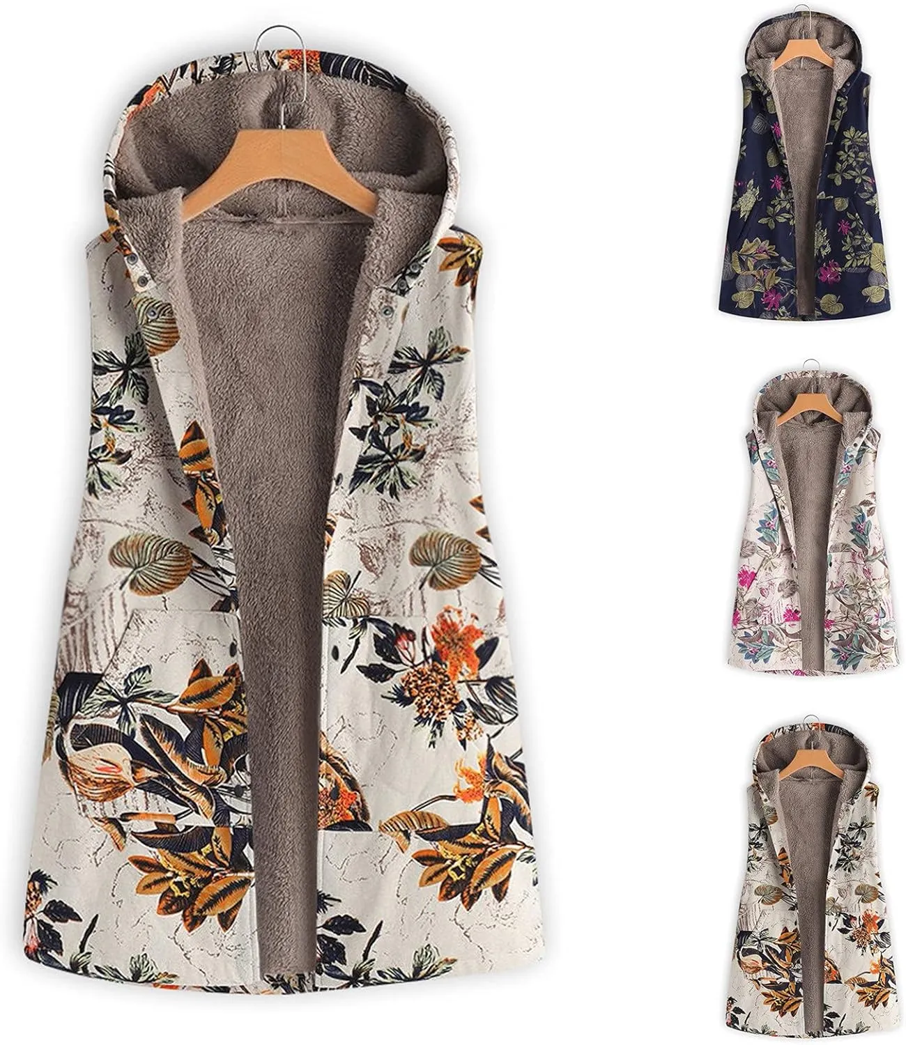 Women Tops Sleeveless Plush Coat Vintage Printed Sweater Winter Velvet Hoodies Casual Jacket Vest Hooded Outerwear