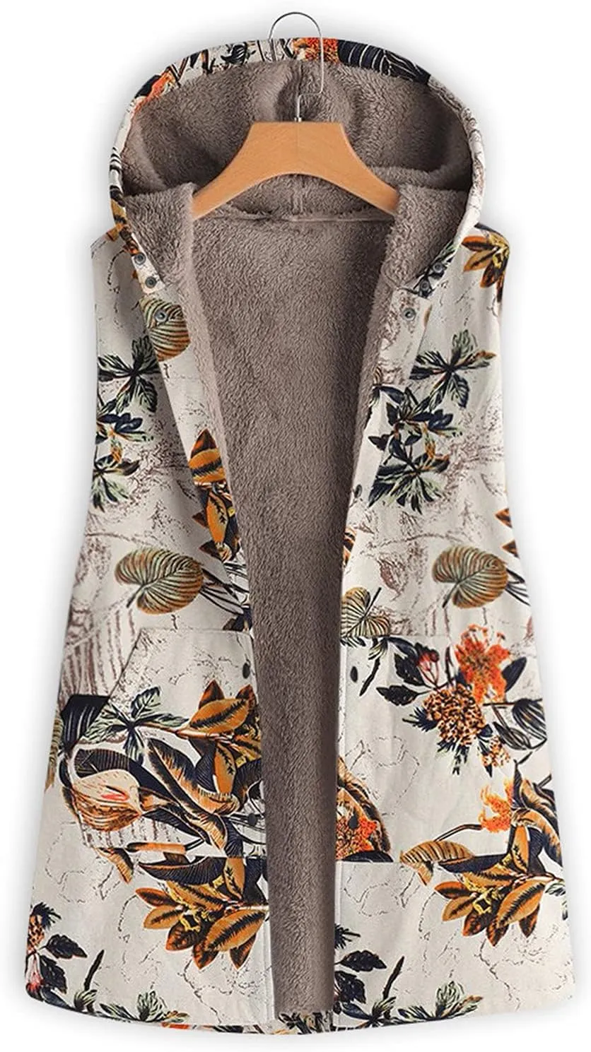 Women Tops Sleeveless Plush Coat Vintage Printed Sweater Winter Velvet Hoodies Casual Jacket Vest Hooded Outerwear