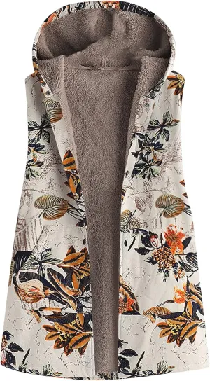 Women Tops Sleeveless Plush Coat Vintage Printed Sweater Winter Velvet Hoodies Casual Jacket Vest Hooded Outerwear