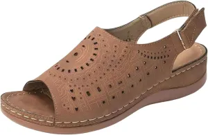 Women Wedge Sandals Comfortable Orthopedic Non Slip Sandals Ladies Vintage Hollow Out Yoga Mat Shoes Fashion Adjustable Ankle Strap Metal Buckle Beach Shoe