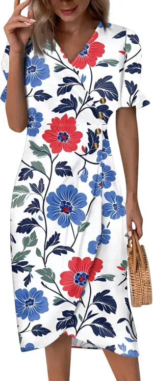 Womens 4 of July Dres V Neck Button Down Patriotic Short Sleeve Summer Midi Blue and White Dress for Women