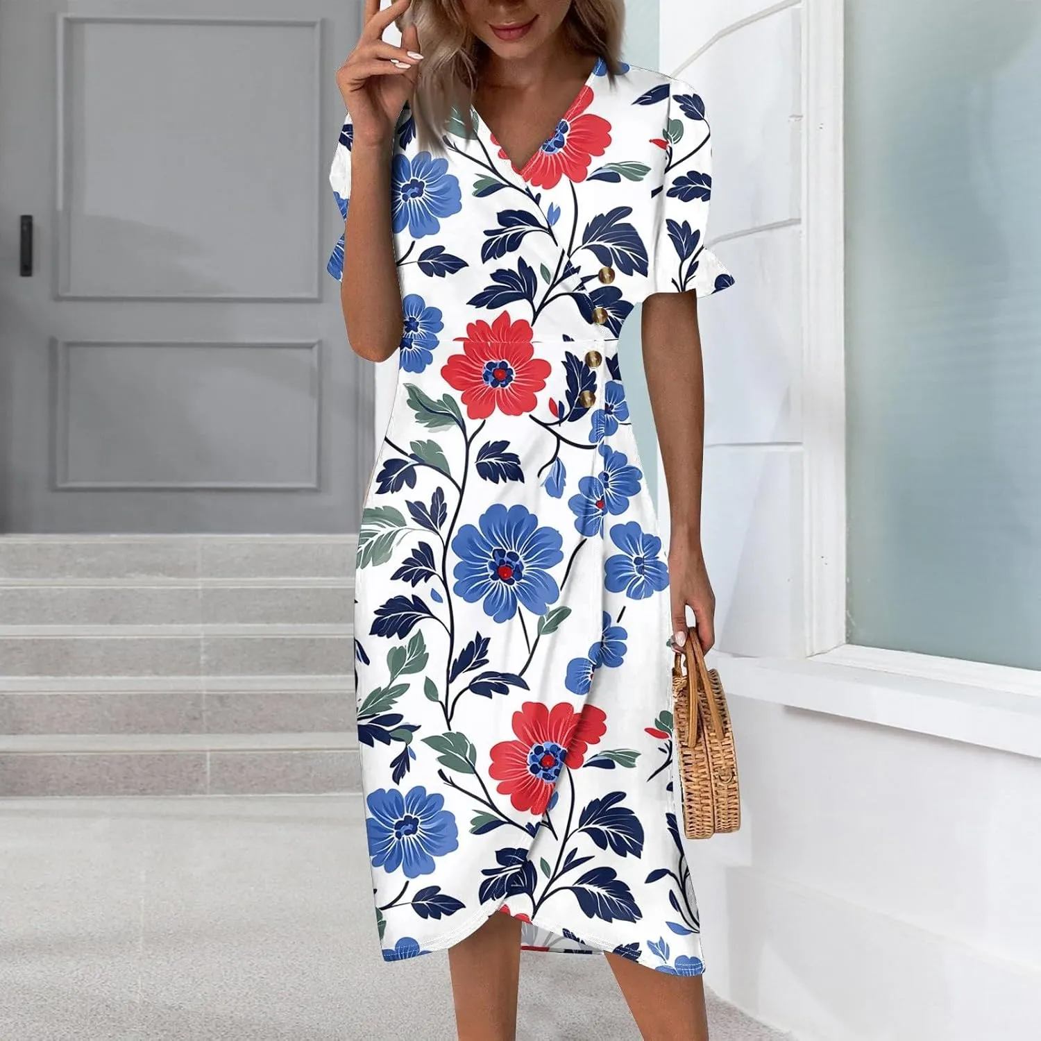 Womens 4 of July Dres V Neck Button Down Patriotic Short Sleeve Summer Midi Blue and White Dress for Women