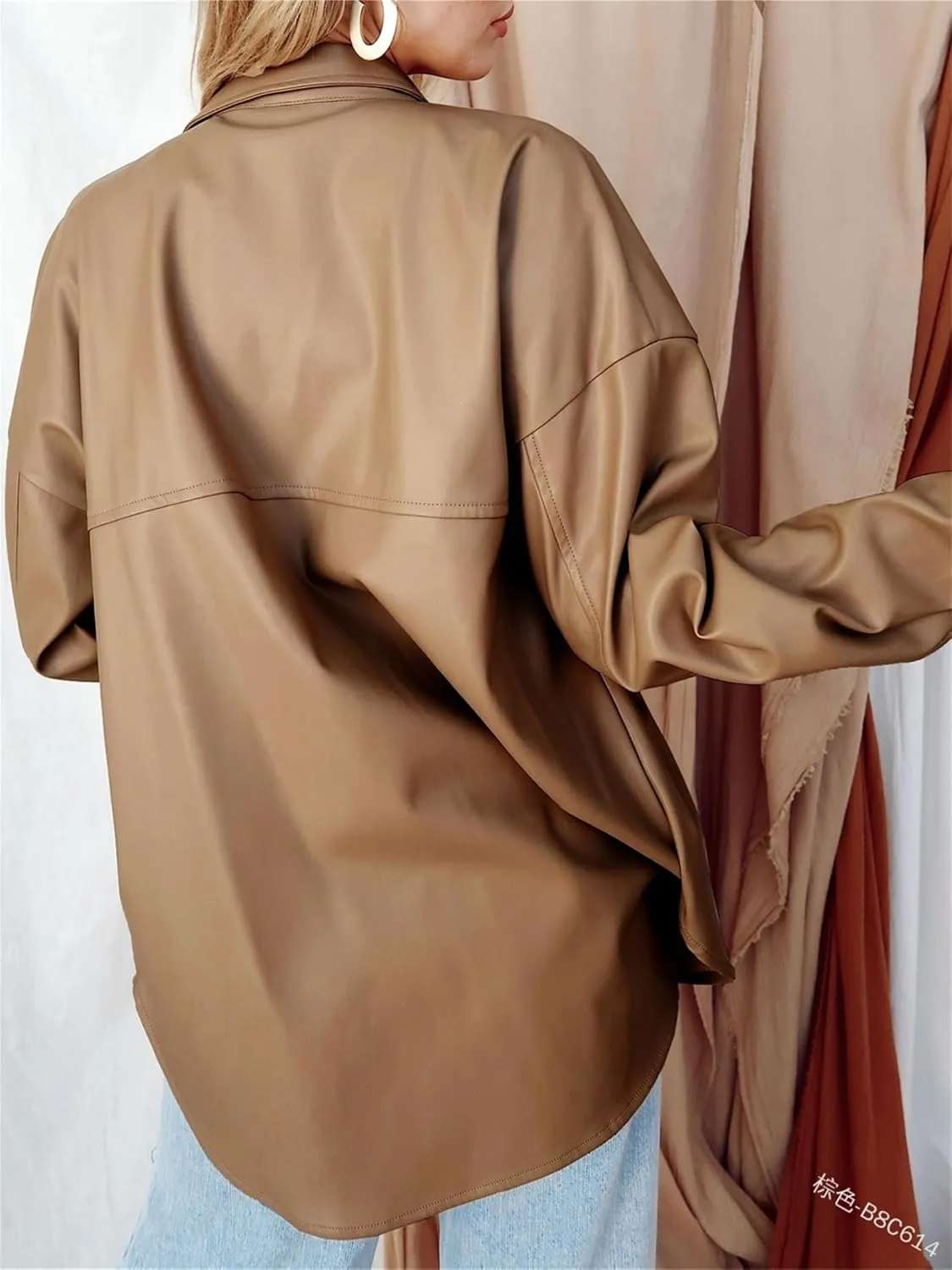 Womens Button Down Faux PU Leather Jacket Shacket Coats Long Sleeve Casual Loose Blouses with Pocket