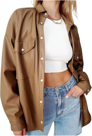Womens Button Down Faux PU Leather Jacket Shacket Coats Long Sleeve Casual Loose Blouses with Pocket
