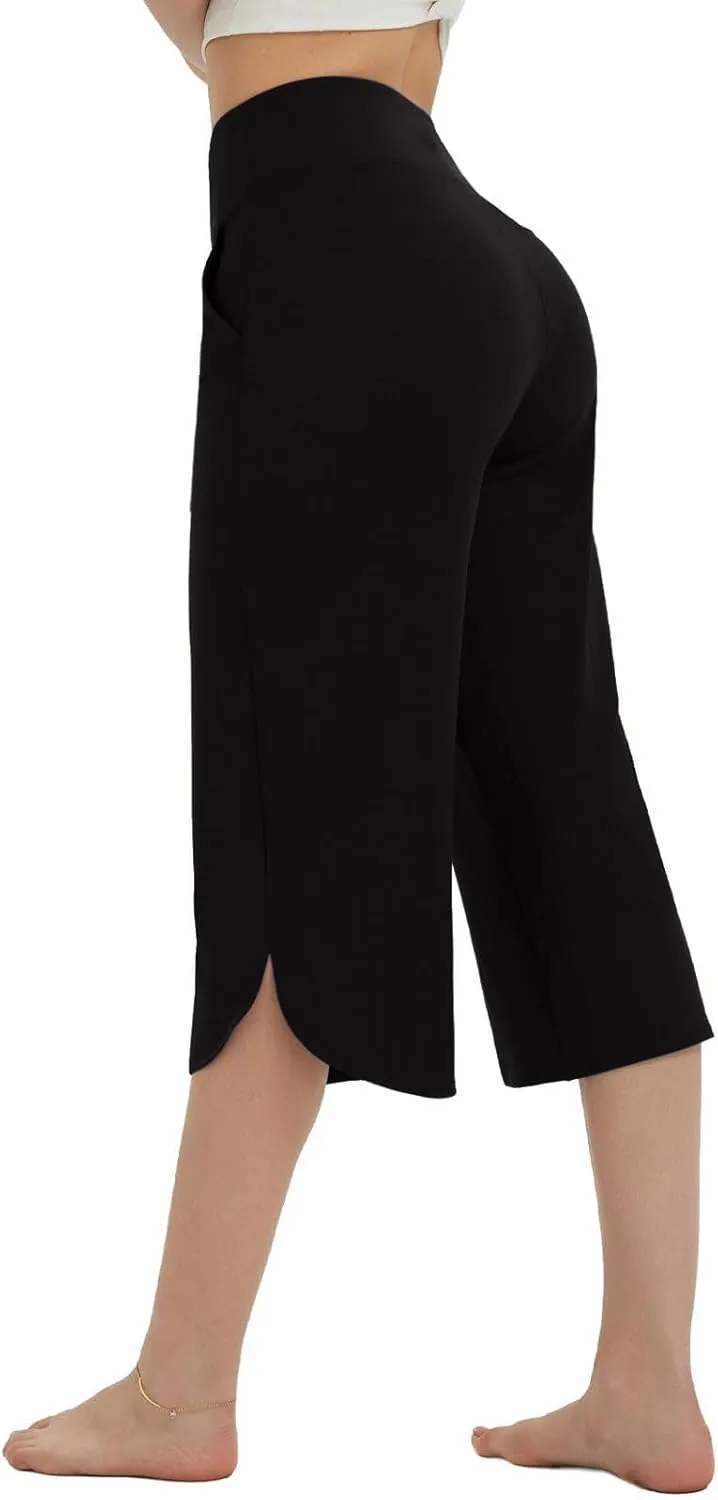 Womens Capri Yoga Pants Loose Fit Stretch Training Pant Wide Leg Split Leggings Athletic Running Workout Trousers