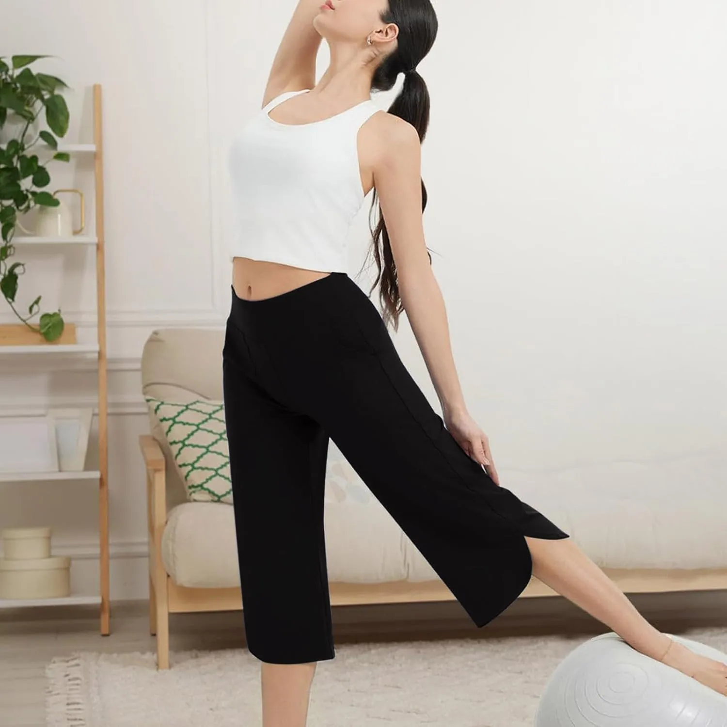 Womens Capri Yoga Pants Loose Fit Stretch Training Pant Wide Leg Split Leggings Athletic Running Workout Trousers