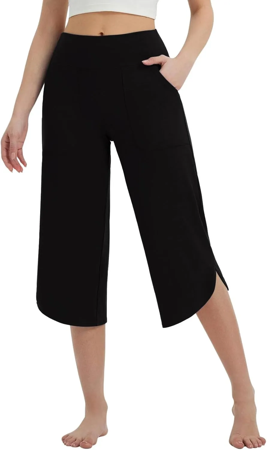 Womens Capri Yoga Pants Loose Fit Stretch Training Pant Wide Leg Split Leggings Athletic Running Workout Trousers