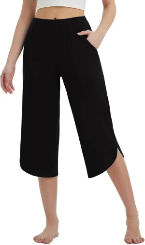 Womens Capri Yoga Pants Loose Fit Stretch Training Pant Wide Leg Split Leggings Athletic Running Workout Trousers