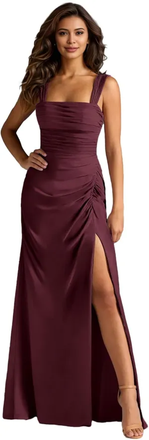 Women's Chiffon Mermaid Bridesmaid Dresses with Slit Square Neck Long Pleated Formal Evening Gowns