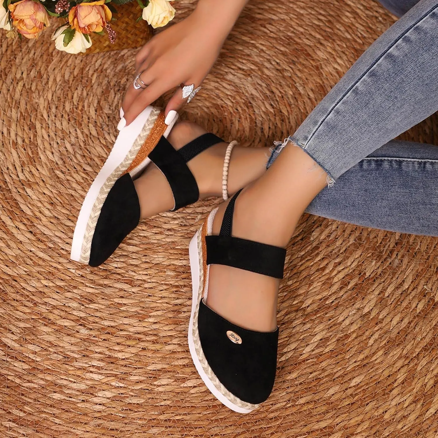 Womens Closed Toe Elastic Ankle Strap Espadrilles Wedge Sandals Orthopedic Platform Wedge Espadrilles Ankle Strap Sandals Comfortable Anti Slip Beach Casual Shoes
