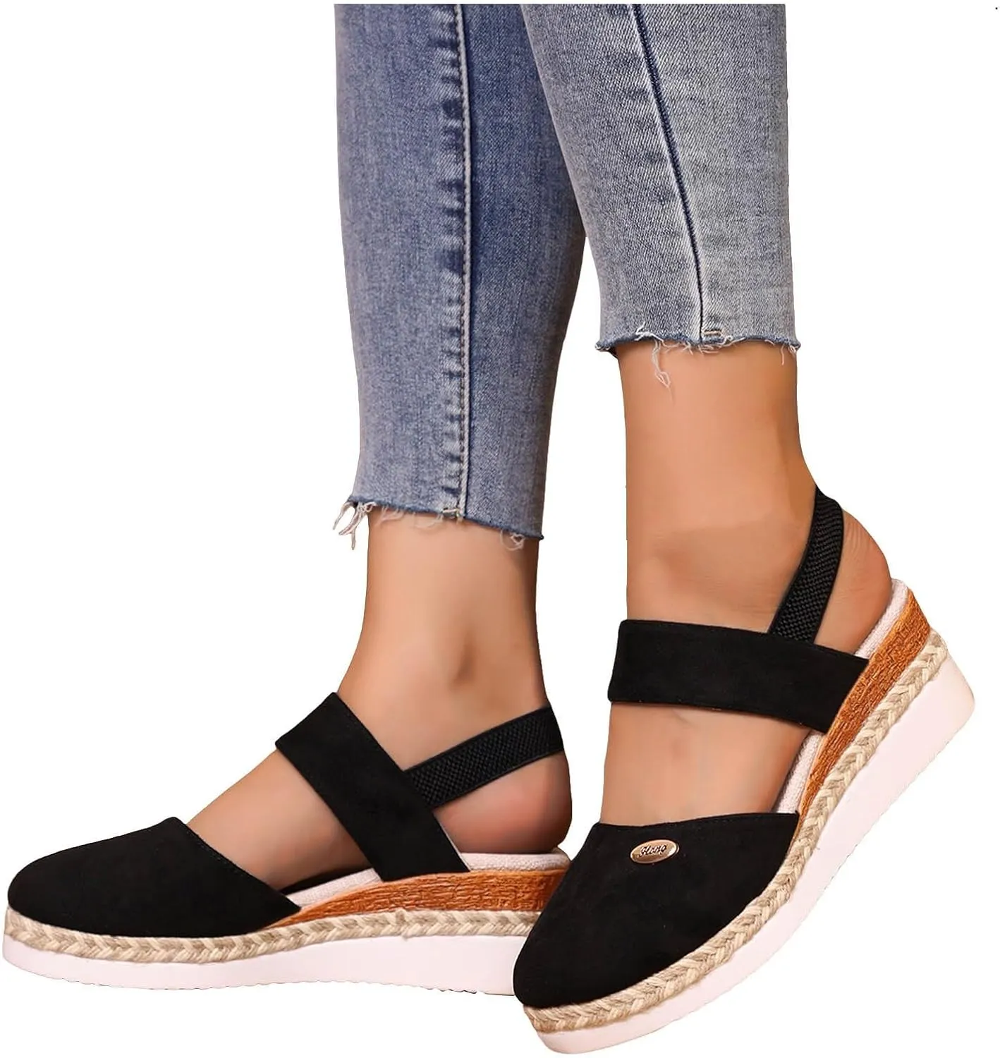 Womens Closed Toe Elastic Ankle Strap Espadrilles Wedge Sandals Orthopedic Platform Wedge Espadrilles Ankle Strap Sandals Comfortable Anti Slip Beach Casual Shoes