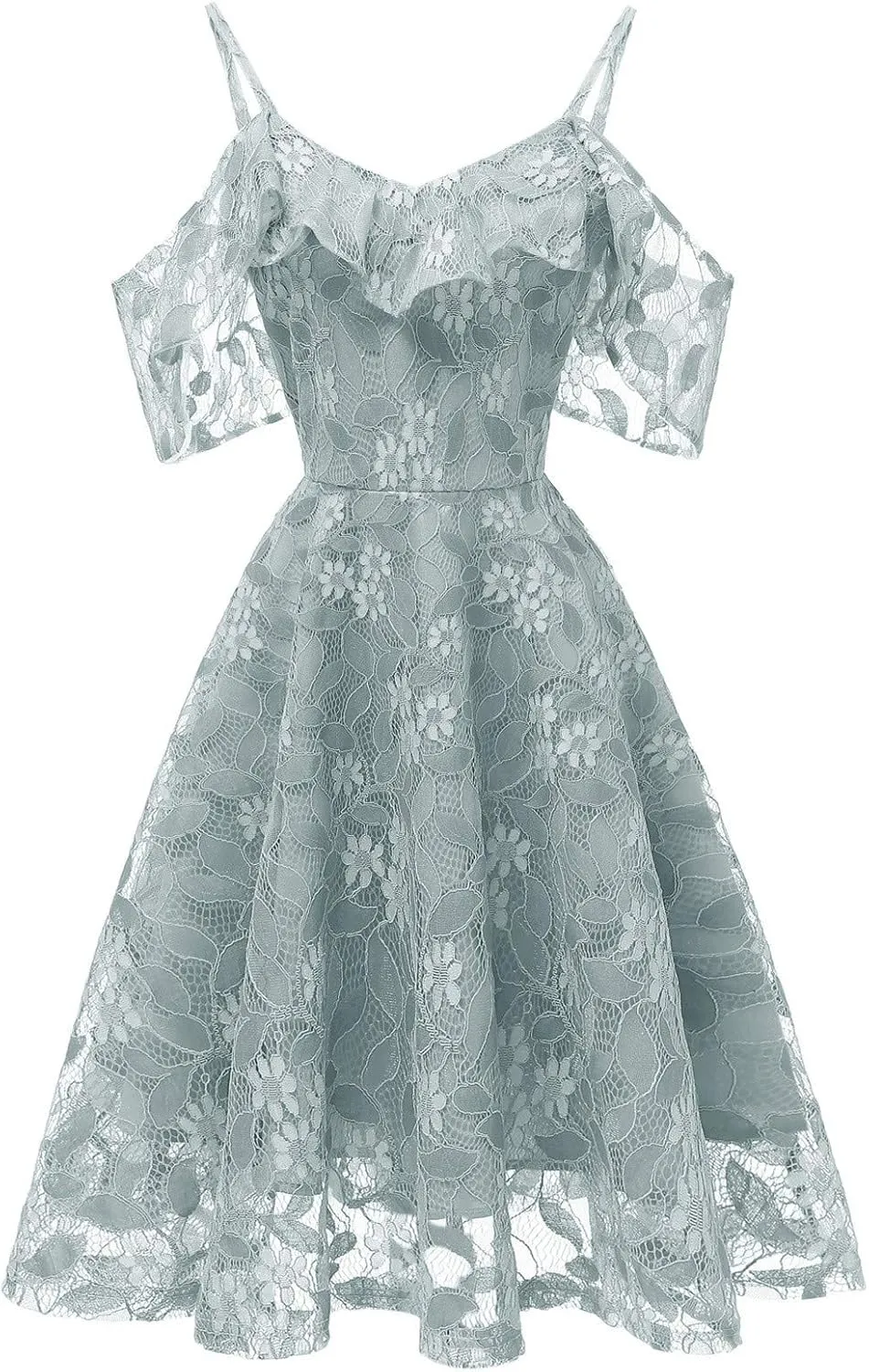 Women's Cold Shoulder Dresses Floral Lace Pleated Dress Ruffle Sleeve Knee Length Dresses Evening Party Cocktail Prom Gown