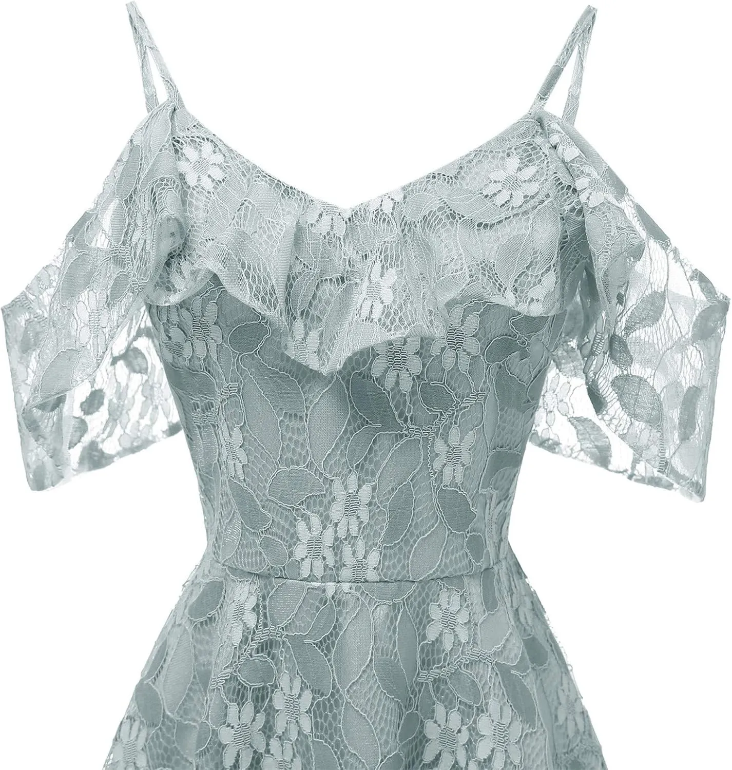 Women's Cold Shoulder Dresses Floral Lace Pleated Dress Ruffle Sleeve Knee Length Dresses Evening Party Cocktail Prom Gown