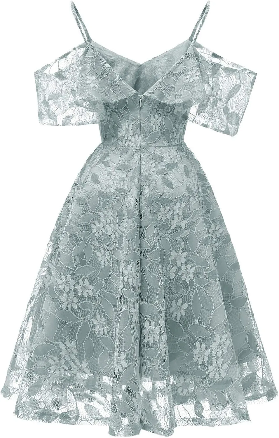 Women's Cold Shoulder Dresses Floral Lace Pleated Dress Ruffle Sleeve Knee Length Dresses Evening Party Cocktail Prom Gown