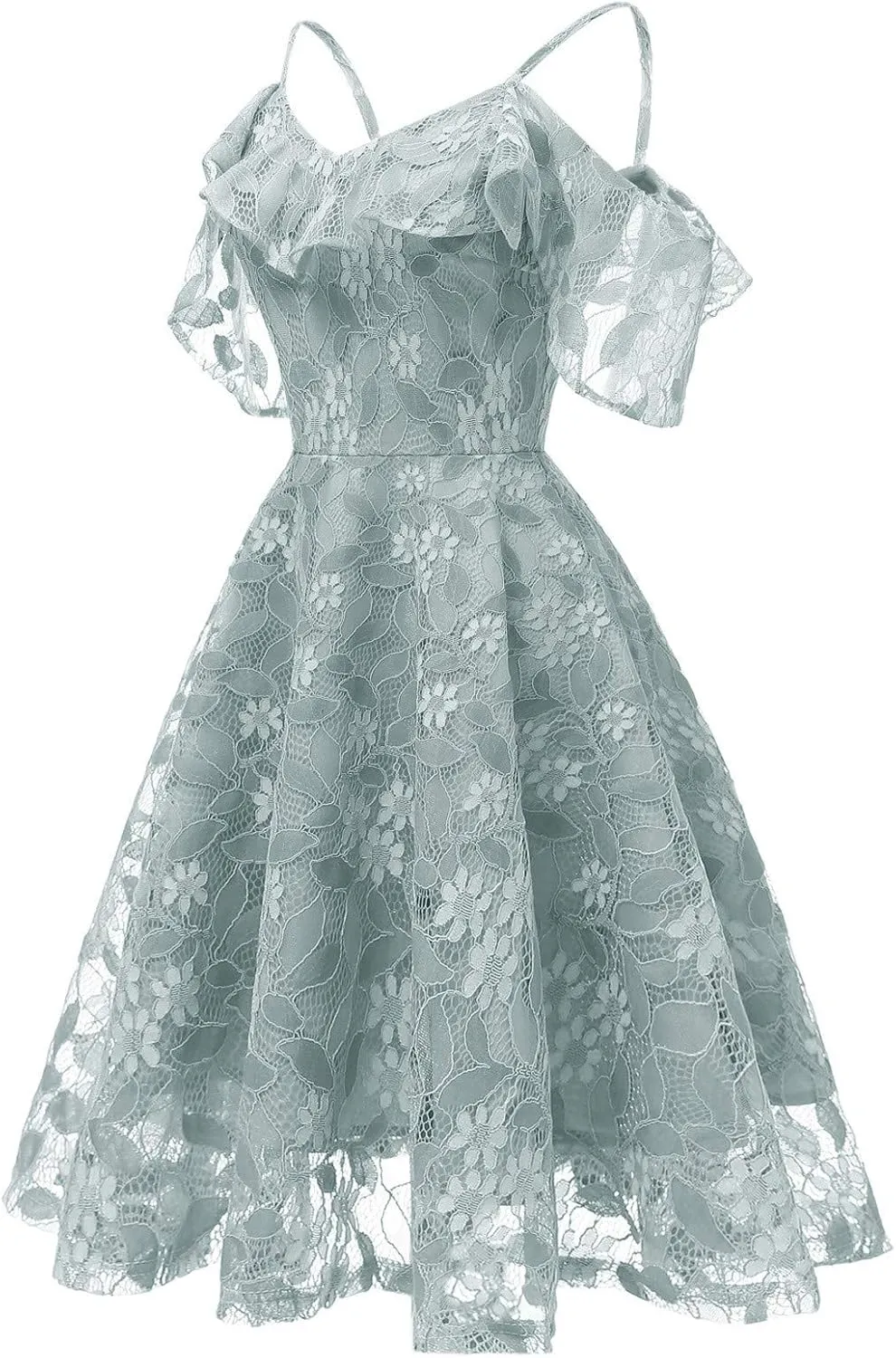 Women's Cold Shoulder Dresses Floral Lace Pleated Dress Ruffle Sleeve Knee Length Dresses Evening Party Cocktail Prom Gown
