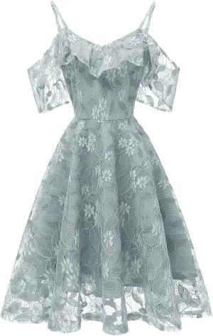 Women's Cold Shoulder Dresses Floral Lace Pleated Dress Ruffle Sleeve Knee Length Dresses Evening Party Cocktail Prom Gown