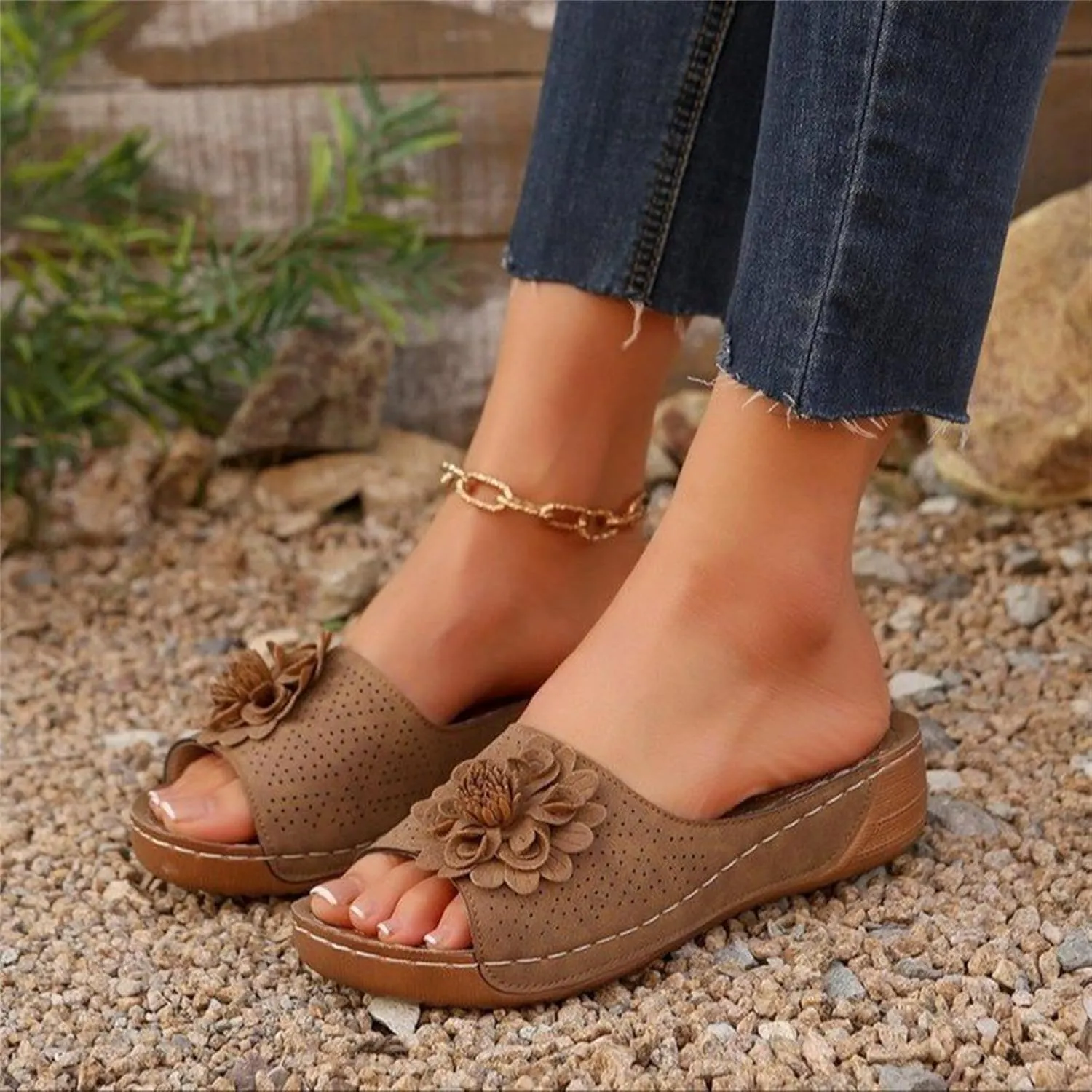 Womens Comfortable Orthopedic Wedge Sandals Open Toe Mid Heel Platform Low Slides Ladies Dressy Slipper Slip-on Slipper Flower Hollow Platform Slides Beach Shoes