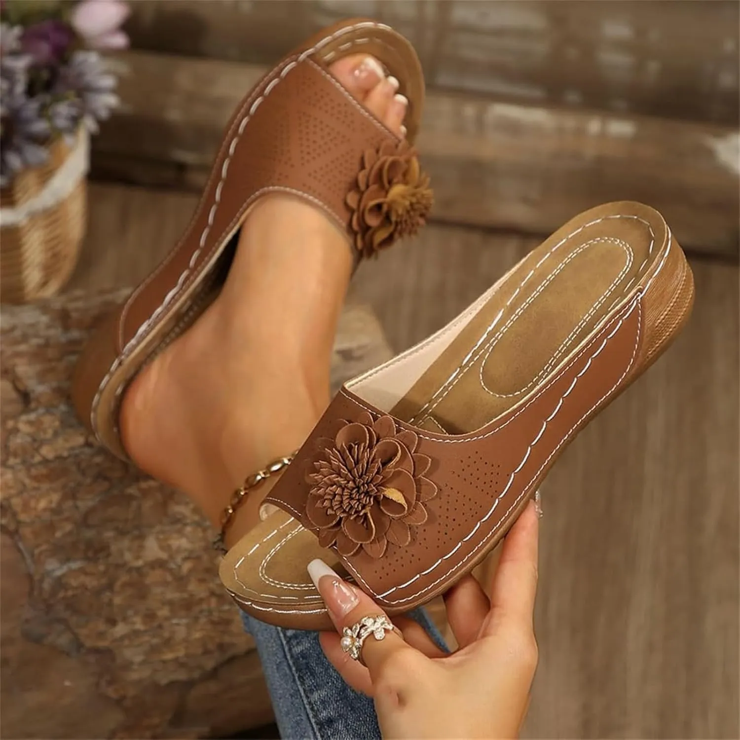 Womens Comfortable Orthopedic Wedge Sandals Open Toe Mid Heel Platform Low Slides Ladies Dressy Slipper Slip-on Slipper Flower Hollow Platform Slides Beach Shoes