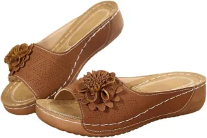 Womens Comfortable Orthopedic Wedge Sandals Open Toe Mid Heel Platform Low Slides Ladies Dressy Slipper Slip-on Slipper Flower Hollow Platform Slides Beach Shoes
