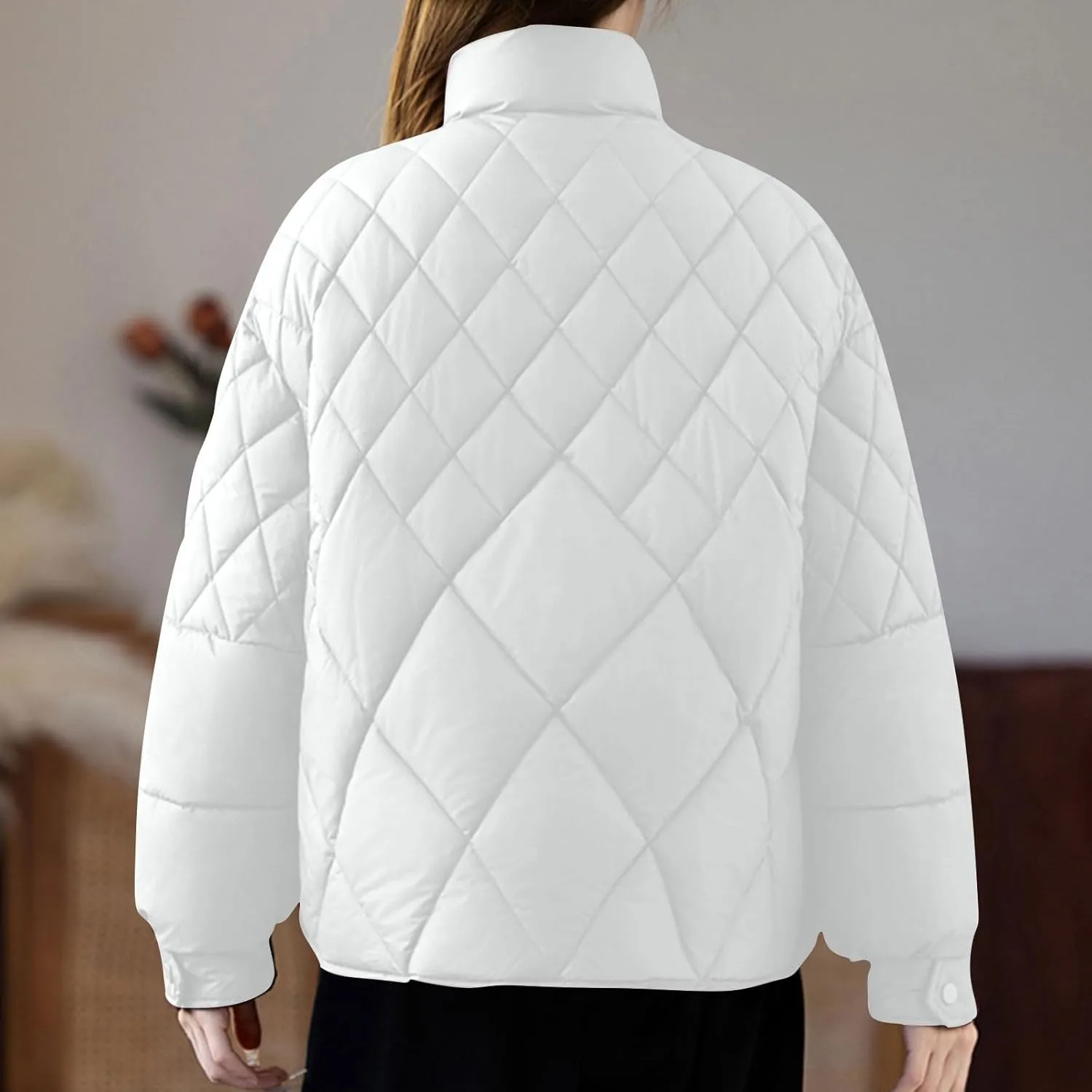 Women's Diamond Quilted Puffer Jacket Winter Long Sleeve Stand Collar Baggy Short Down Coats with Pockets