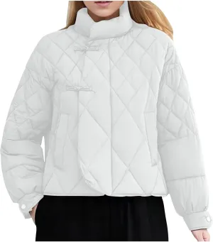 Women's Diamond Quilted Puffer Jacket Winter Long Sleeve Stand Collar Baggy Short Down Coats with Pockets