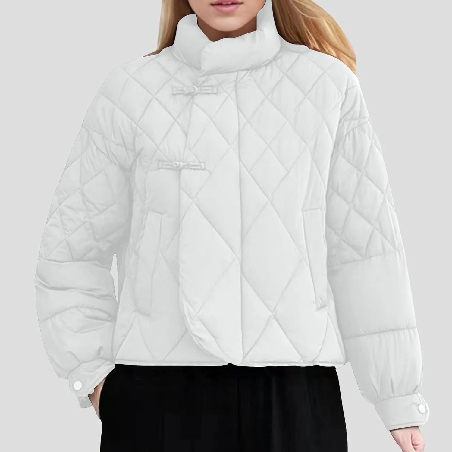 Women's Diamond Quilted Puffer Jacket Winter Long Sleeve Stand Collar Baggy Short Down Coats with Pockets