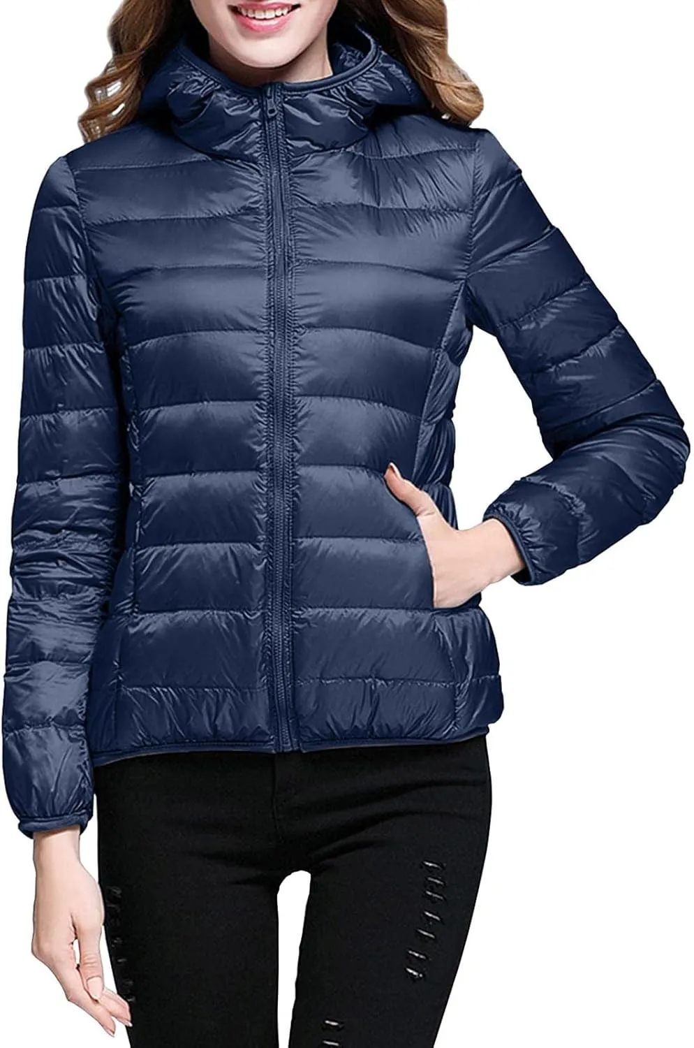 Women's Down Jacket Hooded Windproof Puffer Coat Packable Warm Winter Jacket Lightweight Ladies Parka Dowm Jacket Zipper