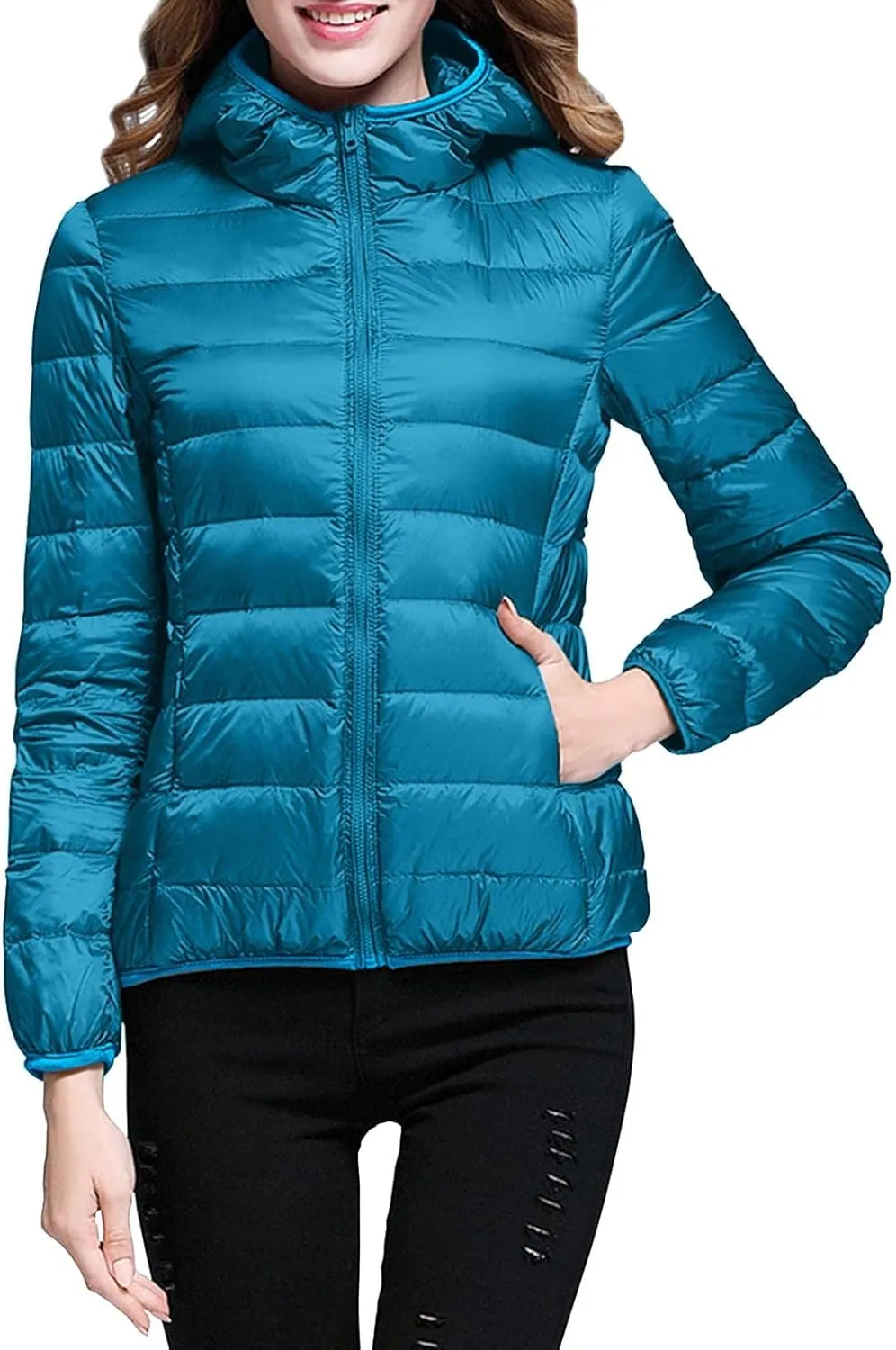 Women's Down Jacket Hooded Windproof Puffer Coat Packable Warm Winter Jacket Lightweight Ladies Parka Dowm Jacket Zipper