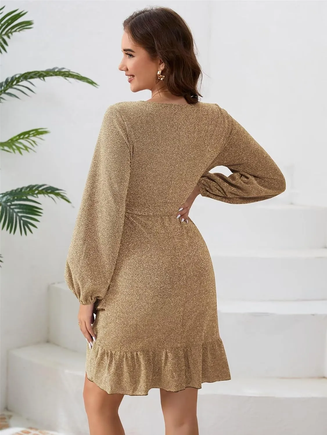 Womens Fashion Dress Casual Long Sleeve V Neck Dress Ruffle Mini Dress Sexy Club Dress Party Cocktail Dress with Belt