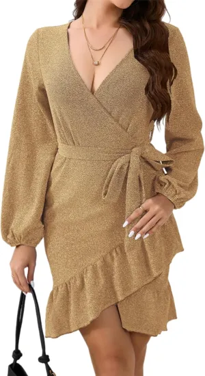 Womens Fashion Dress Casual Long Sleeve V Neck Dress Ruffle Mini Dress Sexy Club Dress Party Cocktail Dress with Belt