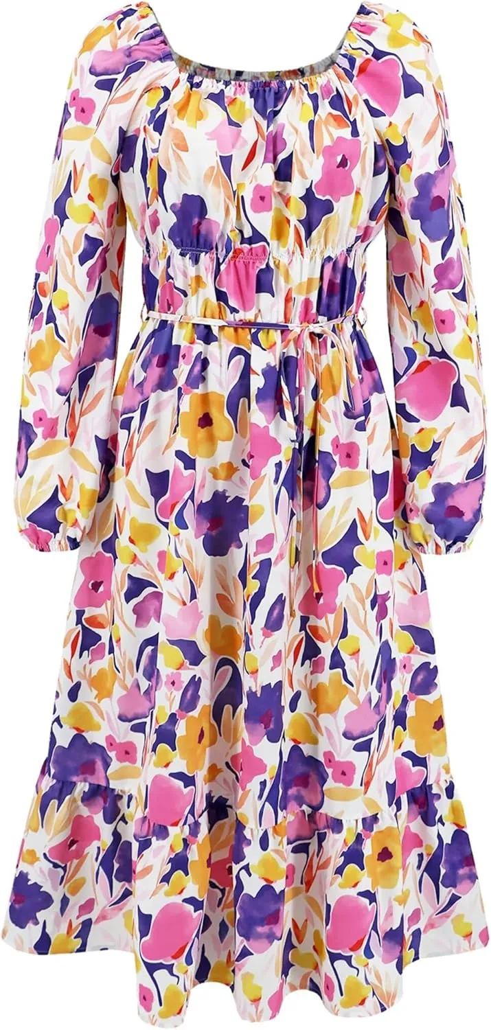 Womens Fashion Summer Dresses Casual Dress Long Sleeve Maxi Ruffle Dress Floral Boho Dress Flowy Beach Vacation Dress