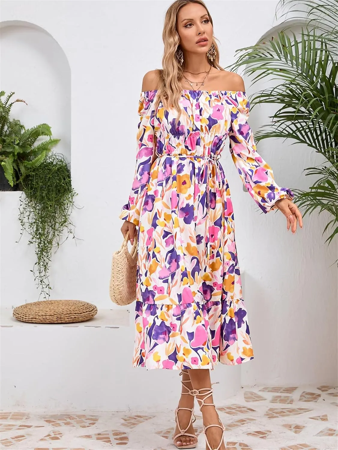 Womens Fashion Summer Dresses Casual Dress Long Sleeve Maxi Ruffle Dress Floral Boho Dress Flowy Beach Vacation Dress