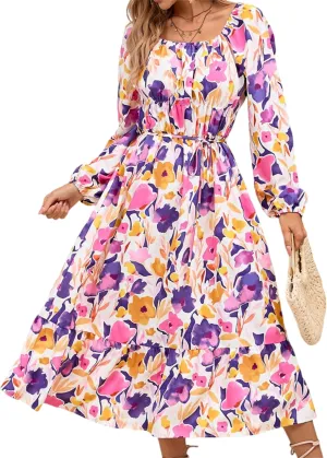Womens Fashion Summer Dresses Casual Dress Long Sleeve Maxi Ruffle Dress Floral Boho Dress Flowy Beach Vacation Dress