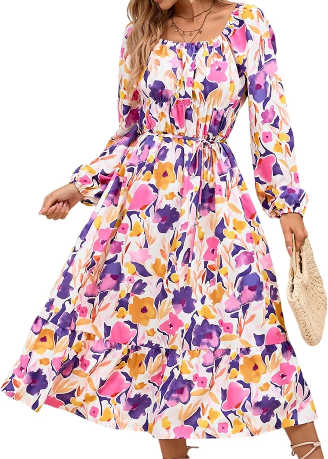 Womens Fashion Summer Dresses Casual Dress Long Sleeve Maxi Ruffle Dress Floral Boho Dress Flowy Beach Vacation Dress