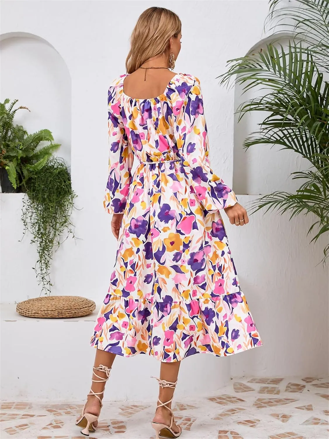 Womens Fashion Summer Dresses Casual Dress Long Sleeve Maxi Ruffle Dress Floral Boho Dress Flowy Beach Vacation Dress