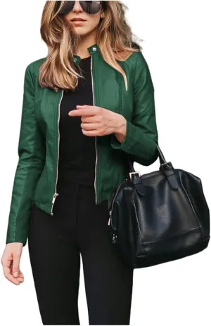 Women's Faux Leather Moto Biker Short Coat Jacket 2024 Summer Solid Color Zip Up Slim Lightweight Motorcycle Outwear