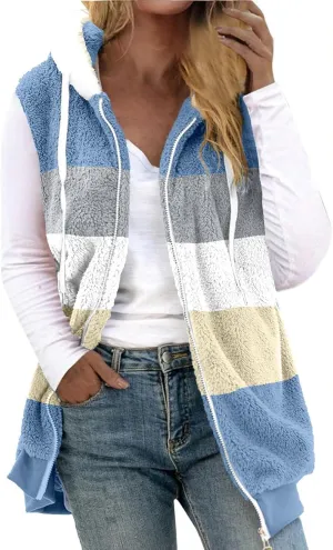 Women's Fleece Vest with Hood Fashion Plus Size Pocket Fuzzy Jackets Sleeveless Patchwork Cozy Winter Wool Plush Coat