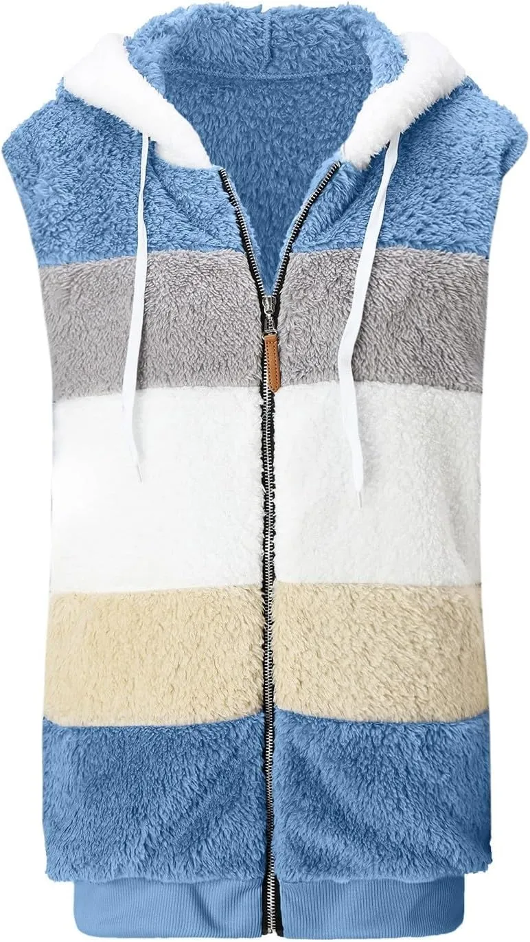 Women's Fleece Vest with Hood Fashion Plus Size Pocket Fuzzy Jackets Sleeveless Patchwork Cozy Winter Wool Plush Coat