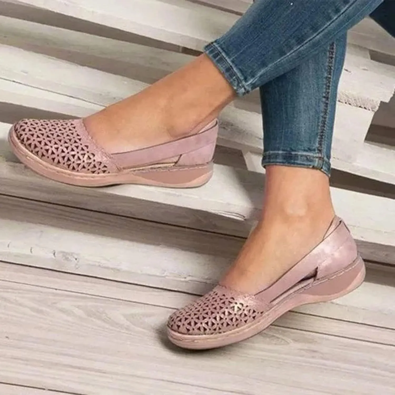 Womens Loafers Wide Dress Sandals Low Heel Hollow Out Wide Round Toe Ballet Flats with Breathable Eyelets